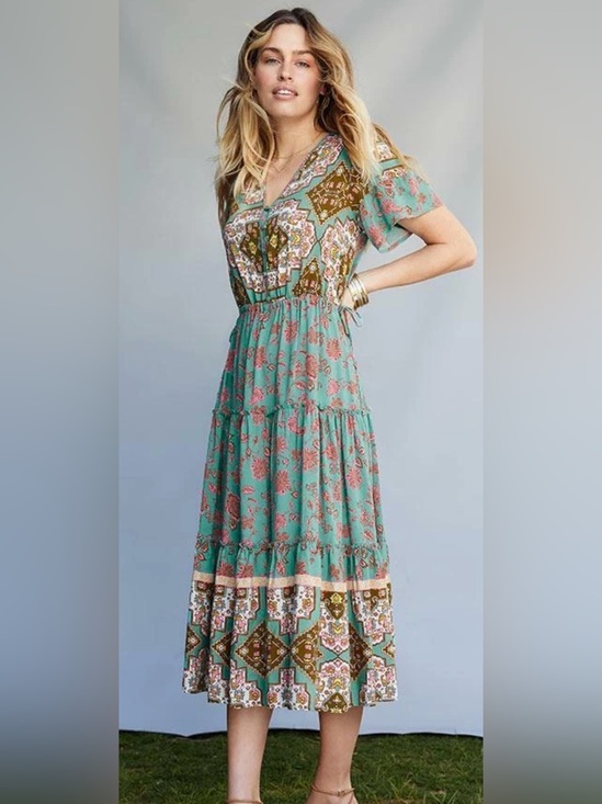 Matilda Jane Dresses & Skirts - Matilda Jane Down To Earth Dress Teal Brown Size Large Boho Tiered Pockets